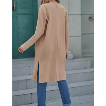 MEROKEETY Women's Open Front Coatigan Sweater Long Sleeve Casual Knit Lapel Cardigan Coat with Pockets, Khaki, Medium
