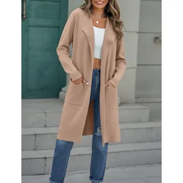 MEROKEETY Women's Open Front Coatigan Sweater Long Sleeve Casual Knit Lapel Cardigan Coat with Pockets, Khaki, Medium