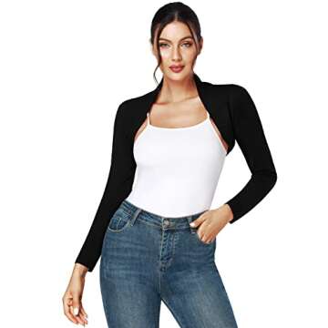 J.Corrine Women's Shrugs Long Sleeve Bolero Shrug Open Front Cropped Cardigan for Dresses Casual Black S