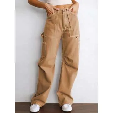 Dokotoo Khaki Cargo Pants Women TrousersPants Wide Leg Dress Pants Women High Waisted Casual TrousersPants for Women Trendy Loose Womens Trousers Palazzo Pants with Pockets