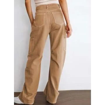 Dokotoo Khaki Cargo Pants Women TrousersPants Wide Leg Dress Pants Women High Waisted Casual TrousersPants for Women Trendy Loose Womens Trousers Palazzo Pants with Pockets