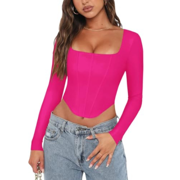 REORIA Womens Sexy Casual Square Neck Long Sleeve Backless Shirts Y2K Trendy Going Out Party Club Ni...