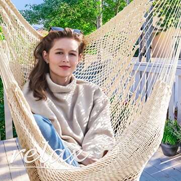 Large Hammock Chair with Hanging Hardware, Caribbean Hammock Hanging Rope Swing Chair No Spreader Bar, XL Hammock Chair Outdoor, Indoor, Bedroom, 330 LBS Weight Capacity, Beige