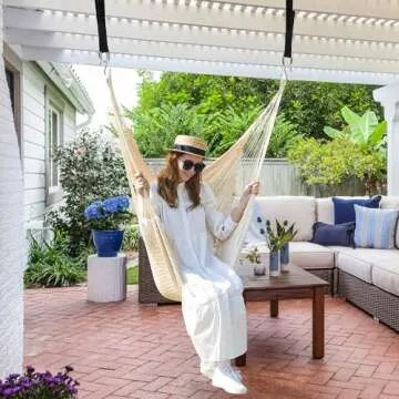 Large Hammock Chair with Hanging Hardware, Caribbean Hammock Hanging Rope Swing Chair No Spreader Bar, XL Hammock Chair Outdoor, Indoor, Bedroom, 330 LBS Weight Capacity, Beige