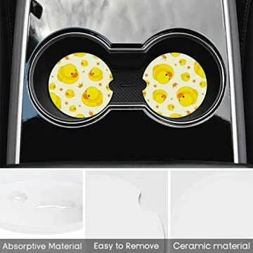 Car Coasters for Cup Holder 2 Pack Cute Yellow Rubber Duck Women Men Drinks 2.56 inch Cork Base Auto Cupholder Accessories Finger Notch for Easy Removal