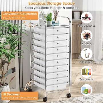 RELAX4LIFE Storage Cart W/10 Drawers,Rolling Wheels Semi-Transparent Multipurpose Mobile Cart for School, Office, Home, Beauty Salon Files Arrangement Storage Organizer Cart (Clear)