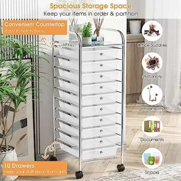 RELAX4LIFE Storage Cart W/10 Drawers,Rolling Wheels Semi-Transparent Multipurpose Mobile Cart for School, Office, Home, Beauty Salon Files Arrangement Storage Organizer Cart (Clear)
