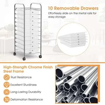 RELAX4LIFE Storage Cart W/10 Drawers,Rolling Wheels Semi-Transparent Multipurpose Mobile Cart for School, Office, Home, Beauty Salon Files Arrangement Storage Organizer Cart (Clear)