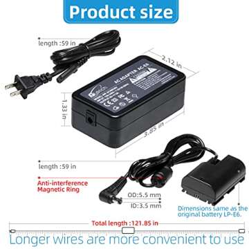 Glorich DR-E6 DC Coupler LP-E6 LP-E6N Dummy Battery ACK-E6 AC Power Supply Adapter Kit for Cameras Canon EOS R7 R6 R5 R 90D 80D 7D Mark II 7D 70D 6D 60D 5D Mark IV 5DS, with Fully-Decoded Smart Chip