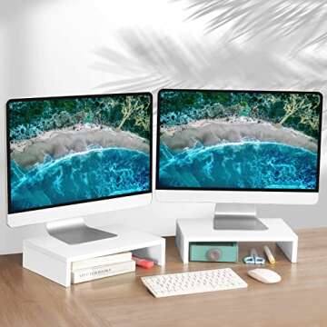 TEAMIX White Monitor Stand Riser-2 Pack,Wood 2 Tier Adjustable Dual Monitor Riser for 2 Monitors/Laptop/PC Computer Stand for Desk