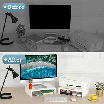 TEAMIX White Monitor Stand Riser-2 Pack,Wood 2 Tier Adjustable Dual Monitor Riser for 2 Monitors/Laptop/PC Computer Stand for Desk