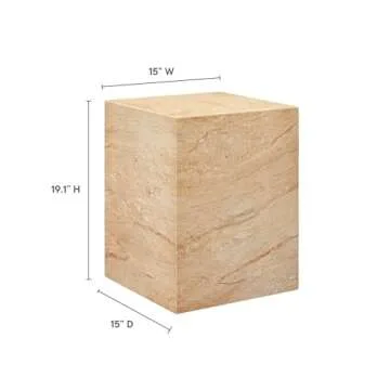 Modway Jordana Indoor Outdoor Concrete Side Table in Travertine – Square Plinth End Table with Fau...