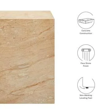 Modway Jordana Indoor Outdoor Concrete Side Table in Travertine – Square Plinth End Table with Faux Stone Finish - Concrete Furniture Accent Table for Patio, Garden, or Living Room