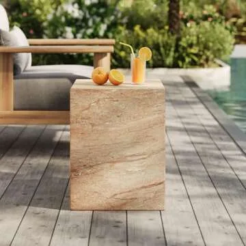 Modway Jordana Indoor Outdoor Concrete Side Table in Travertine – Square Plinth End Table with Faux Stone Finish - Concrete Furniture Accent Table for Patio, Garden, or Living Room