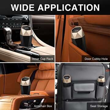 OUDEW Car Trash Can with Lid, New Car Dustbin Diamond Design, Leakproof Vehicle Trash Bin, Mini Garbage Bin for Automotive Car, Home, Office, Kitchen, Bedroom, 2PCS (Gold)