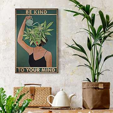 Quark Vintage Be Kind To Your Mind Hippie Boho Art Poster Aesthetic Green Botanical Floral Print Painting Modern Wall Decor for Women Home Kitchen Office Bed Room Bathroom 12x16in Unframed