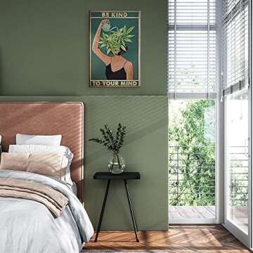 Quark Vintage Be Kind To Your Mind Hippie Boho Art Poster Aesthetic Green Botanical Floral Print Painting Modern Wall Decor for Women Home Kitchen Office Bed Room Bathroom 12x16in Unframed