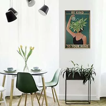 Quark Vintage Be Kind To Your Mind Hippie Boho Art Poster Aesthetic Green Botanical Floral Print Painting Modern Wall Decor for Women Home Kitchen Office Bed Room Bathroom 12x16in Unframed
