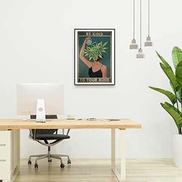 Quark Vintage Be Kind To Your Mind Hippie Boho Art Poster Aesthetic Green Botanical Floral Print Painting Modern Wall Decor for Women Home Kitchen Office Bed Room Bathroom 12x16in Unframed