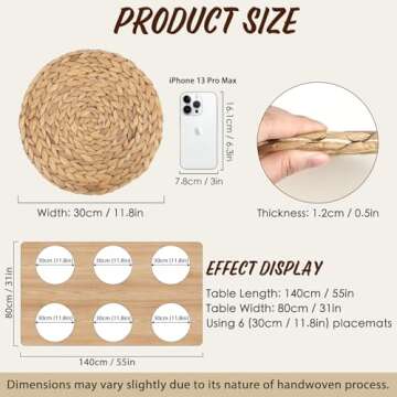 kilofly Natural Water Hyacinth Weave Placemat Round Braided Rattan Tablemats 11.8 inch x 2pc