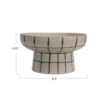 Creative Co-Op Hand-Painted Stoneware Pedestal Bowl in Blue and Cream Speckle