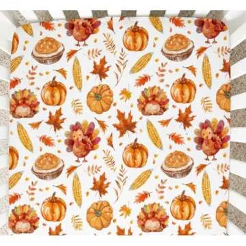 Thanksgiving Turkeys Pumpkins Baby Crib Sheets, Autumn Leaves Corns Pattern Baby Fitted Crib Sheet for Standard Crib and Toddler Mattress, Unisex Turkeys Crib Mattress Sheet for Baby Boys Girls-28*52