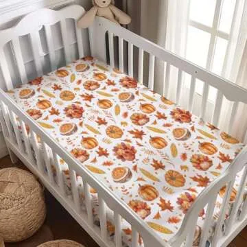 Thanksgiving Turkeys Pumpkins Baby Crib Sheets, Autumn Leaves Corns Pattern Baby Fitted Crib Sheet for Standard Crib and Toddler Mattress, Unisex Turkeys Crib Mattress Sheet for Baby Boys Girls-28*52