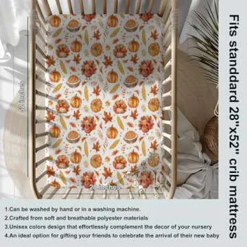 Thanksgiving Turkeys Pumpkins Baby Crib Sheets, Autumn Leaves Corns Pattern Baby Fitted Crib Sheet for Standard Crib and Toddler Mattress, Unisex Turkeys Crib Mattress Sheet for Baby Boys Girls-28*52
