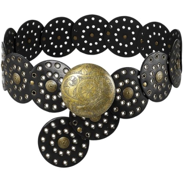 Suyi Wide Disc Belt for Women Leather Hollow Out Round Belts Vintage Western Waist Belt 115CM Black