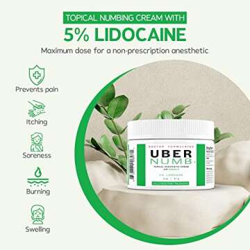 Uber Numb 5% Lidocaine Numbing Cream, Pain Relief Cream Burn Itch Cream, 2 Oz 1-Pack, Topical Anesthetic Cream Maximum Strength with Vitamin E for Local and Anorectal Uses, Hemorrhoid Treatment