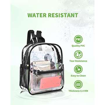 MAY TREE Clear Backpack for Stadium Events, 12x11x4.5 Inch Small Clear Backpack for Concert Festival Sports Outdoor - Black