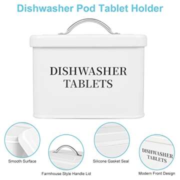 CHEEYYIIE Farmhouse Dishwasher Pod Tablet Holder，Dishwasher Detergent Pod Container with Lid，Metal Storage Container for Dishwasher in Kitchen for Storage and Organization
