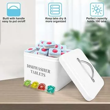 CHEEYYIIE Farmhouse Dishwasher Pod Tablet Holder，Dishwasher Detergent Pod Container with Lid，Metal Storage Container for Dishwasher in Kitchen for Storage and Organization