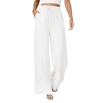 Jyanl Women’s Casual Wide Leg Linen Pants - Summer Beach Trousers with Pockets and Drawstring