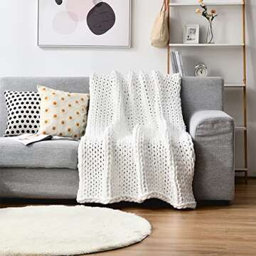 XPKWS Chunky Knitted Weighted Blanket Hand Made Polyester Throw Blankets for Sleep Bed Sofa Chair Home Decor Breathable Cozy (White, 51"x63")