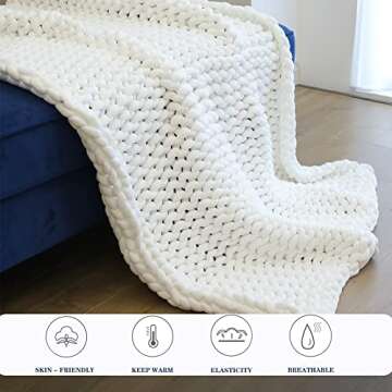 XPKWS Chunky Knitted Weighted Blanket Hand Made Polyester Throw Blankets for Sleep Bed Sofa Chair Home Decor Breathable Cozy (White, 51"x63")