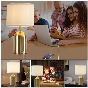 GyroVu Touch Control Table Lamps Set of 2, Bedside Table Lamps for Bedrooms Set of 2 Modern Living Room 3 Way Dimmable Gold Bedside Lamp for End Table with 2 USB Charging Ports, 2 Bulbs Included