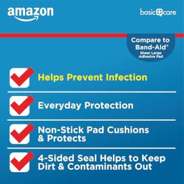 Amazon Basic Care Antibacterial Sheer Adhesive Pad Bandages, Extra Large Comfortable Non-Stick Pad, Helps Prevent Infection, First Aid & Wound Care Protection, All Skin Types, 30 Count (3x4 inches)