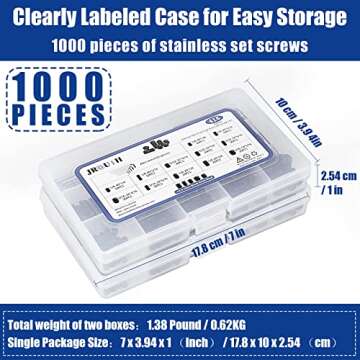 JROUTH 1000pcs Metric + SAE Set Screw Assortment Kit, Internal Hex Drive Cup-Point Allen Screws Set 12.9 Class Alloy Steel Grub Screw (M3-M8, 1/8"-40 to 5/16"-18)