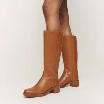 Brown Knee High Boots for Women Square Toe Wide Calf Boots Casual Comfortable Chunky Block Heel Tall Boots Riding Boots