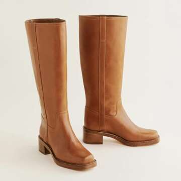 Brown Knee High Boots for Women Square Toe Wide Calf Boots Casual Comfortable Chunky Block Heel Tall Boots Riding Boots