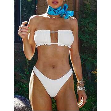 ZAFUL Women 2 Piece Strapless Bikini Swimsuits Ruffle Ribbed Bandeau Bikini Set High Cut Bathing Suits (0-White, M)