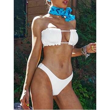 ZAFUL Women 2 Piece Strapless Bikini Swimsuits Ruffle Ribbed Bandeau Bikini Set High Cut Bathing Suits (0-White, M)