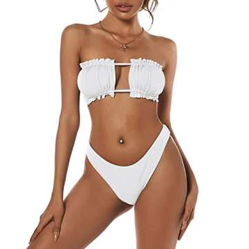 ZAFUL Women 2 Piece Strapless Bikini Swimsuits Ruffle Ribbed Bandeau Bikini Set High Cut Bathing Suits (0-White, M)