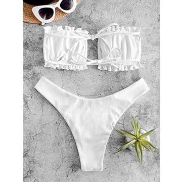 ZAFUL Women 2 Piece Strapless Bikini Swimsuits Ruffle Ribbed Bandeau Bikini Set High Cut Bathing Suits (0-White, M)