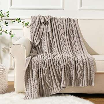 Battilo Light Grey Throw Blanket for Couch, Woven Chenille Knit Throw Blanket Versatile for Chair, 51 x 67 Inch Super Soft Warm Decorative Blanket for Bed, Sofa and Living Room