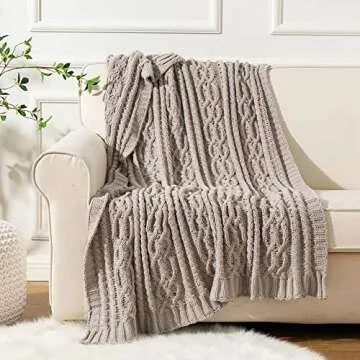 Battilo Light Grey Throw Blanket for Couch, Woven Chenille Knit Throw Blanket Versatile for Chair, 51 x 67 Inch Super Soft Warm Decorative Blanket for Bed, Sofa and Living Room