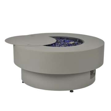 BAIDE Home Propane Outdoor Fire Pit Table, Flint & Concrete Look 33-inch Round Patio Gas Fire Table 50,000 BTU w/Lid, Fire Glass, Heavy Duty Rain Cover, Pre-Attached 10ft Propane Hose