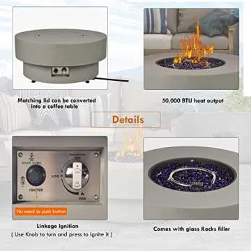 BAIDE Home Propane Outdoor Fire Pit Table, Flint & Concrete Look 33-inch Round Patio Gas Fire Table 50,000 BTU w/Lid, Fire Glass, Heavy Duty Rain Cover, Pre-Attached 10ft Propane Hose