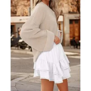 AURUZA Flowy Shorts for Women, Ruffle Tiered High Waist Pleated Boho Casual Swing Beach Mini Skirt Golf Tennis Crochet Shorts White